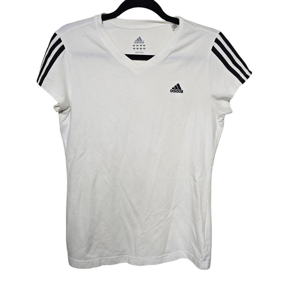 Adidas Womens White V Neck Short Sleeve T Shirt Athleisure Activewear Size L